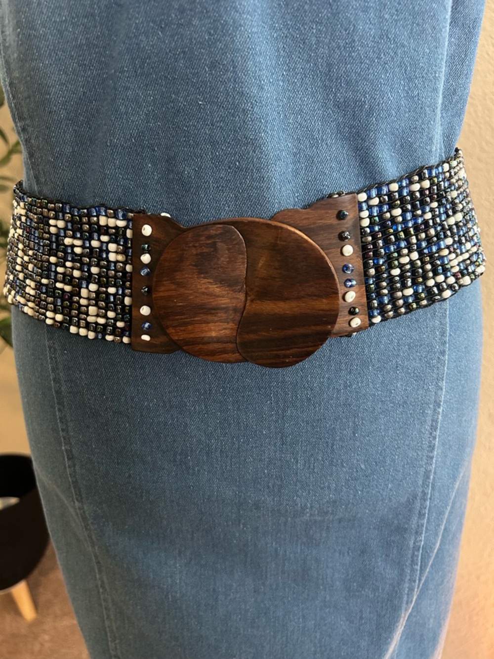 Erik & Mike Glass Beaded Belt Stretch Boho Woven Wood Buckle Vintage
